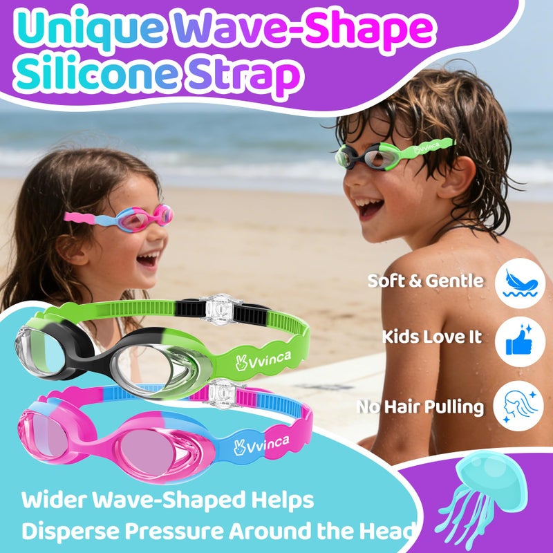Vvinca 2 pack Kids Swim Goggles for Boys Girls Age 3-12, Wave-Shaped Quick Adjust Strap, Anti-Fog UV Protection Swimming Goggles, No Leaking Kids Goggles for Toddler Youth Pool Water Swimming - Image 3