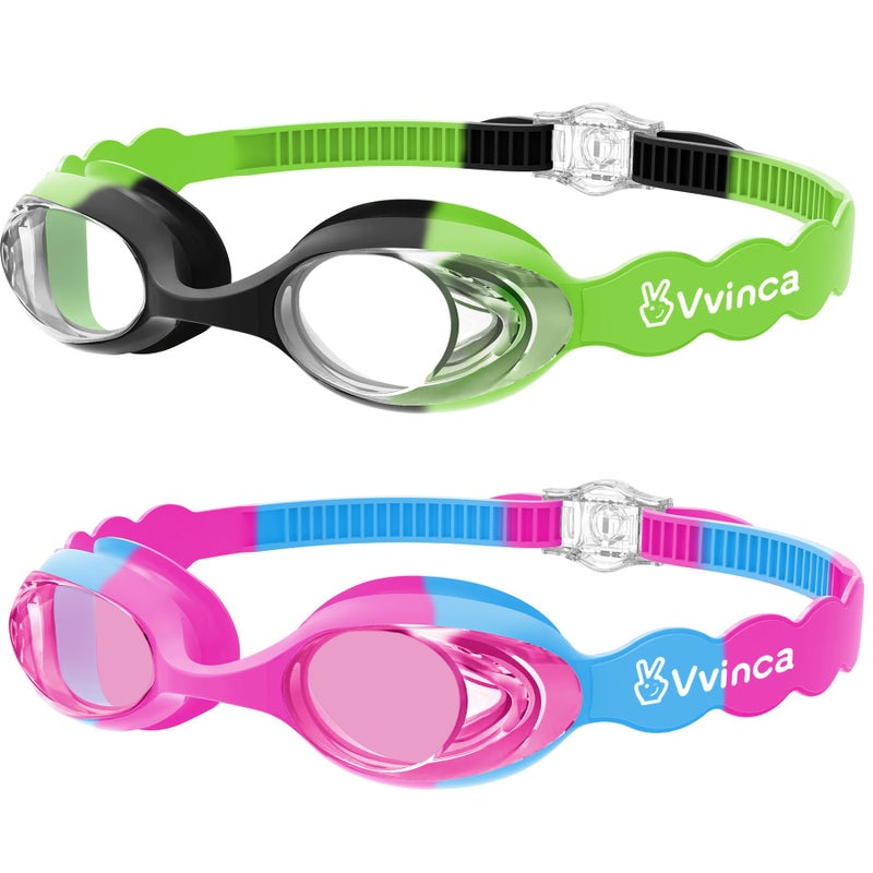 Vvinca 2 pack Kids Swim Goggles for Boys Girls Age 3-12, Wave-Shaped Quick Adjust Strap, Anti-Fog UV Protection Swimming Goggles, No Leaking Kids Goggles for Toddler Youth Pool Water Swimming - Image 1