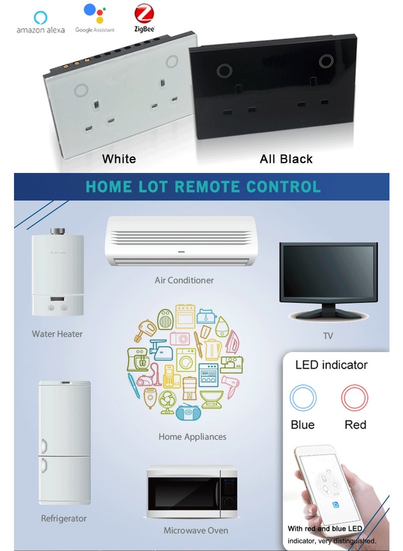 مقبس حائط ذكي Zigbee 3.0 مزود بمنفذ طاقة مزدوج في المملكة المتحدة ولوحة لمس ومفتاح زجاجي Tuya Alex Google White  - Image 2