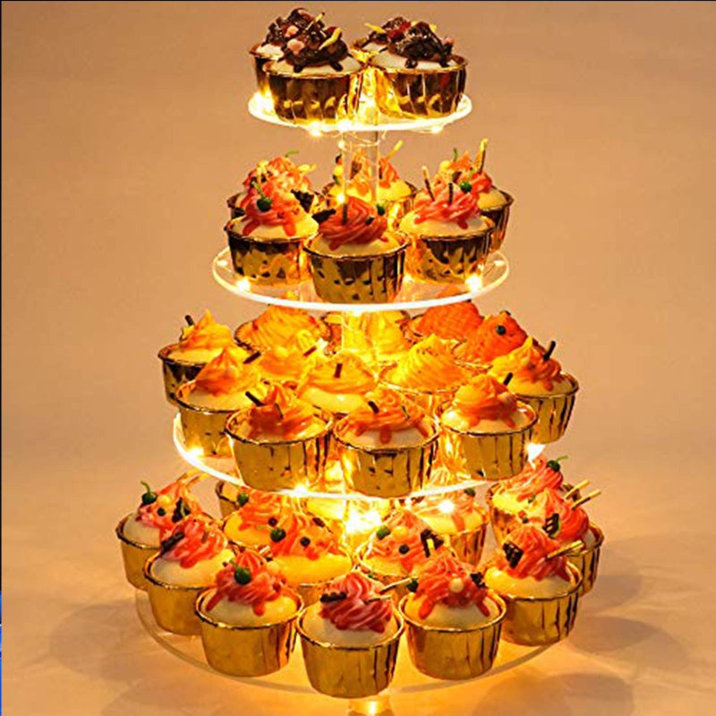 YestBuy 4 Tier Round Cupcake Stand Cupcake Holder 4 Tier Cupcake Tray Acrylic Cake Tower Stand Display for Pastry  LED Light String Ideal for Weddings Birthday Parties Yellow