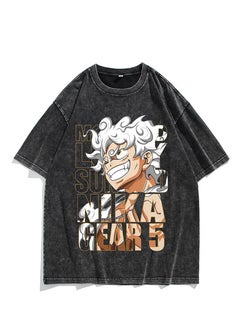 Washed retro T-shirt street hip hop anime One Piece Luffy Nika form casual cotton summer short sleeves
