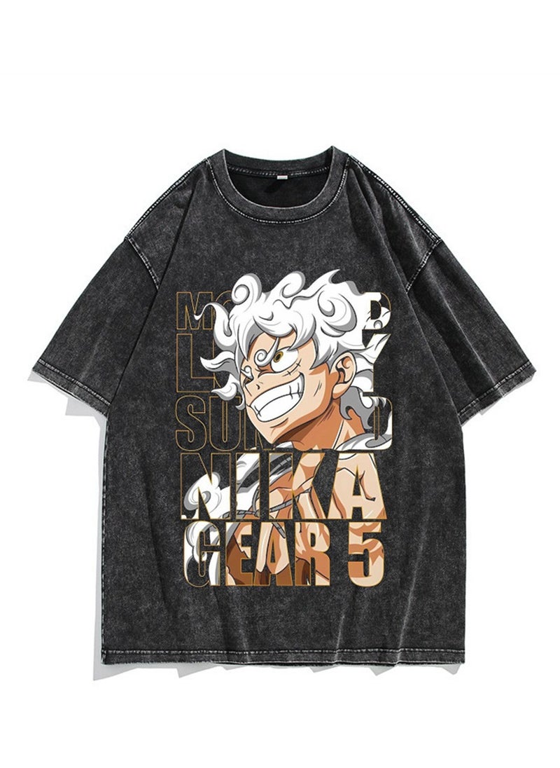 Generic - Washed retro T-shirt street hip hop anime One Piece Luffy Nika form casual cotton summer short sleeves - Image 1