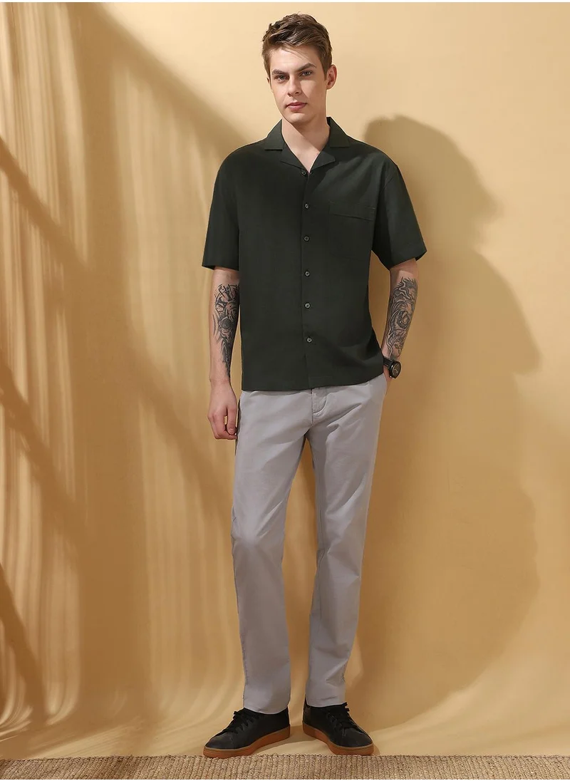 Dennis Lingo Dark olive Relaxed fit Shirts Textured design crafted from Cotton Slub featuring Half Sleeve with Button closure.