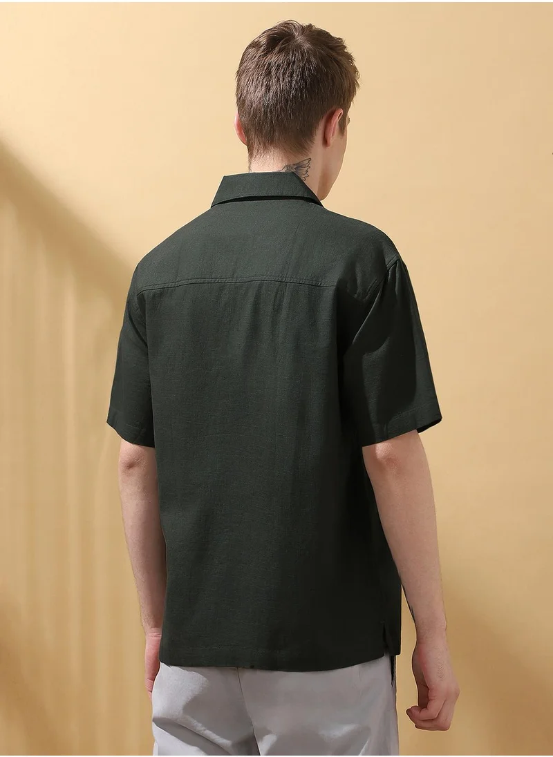 Dennis Lingo Dark olive Relaxed fit Shirts Textured design crafted from Cotton Slub featuring Half Sleeve with Button closure.