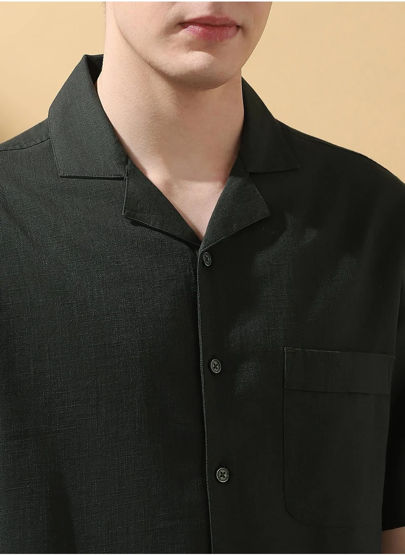 Dennis Lingo Dark olive Relaxed fit Shirts Textured design crafted from Cotton Slub featuring Half Sleeve with Button closure.