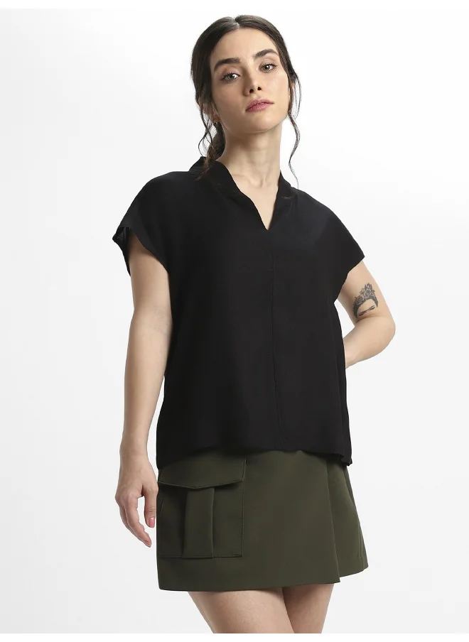 دينيس لينغو Black Viscose Moss Top for Women, Regular Fit