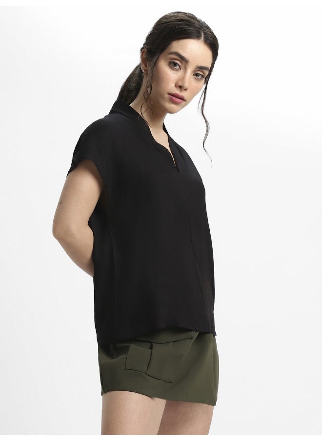 Black Viscose Moss Top for Women, Regular Fit