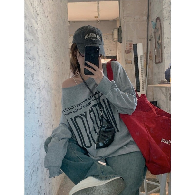 American Style Retro Red Letter Printed Sweatshirt Womens Early Autumn Casual Loose Shoulder Top Red - Image 4