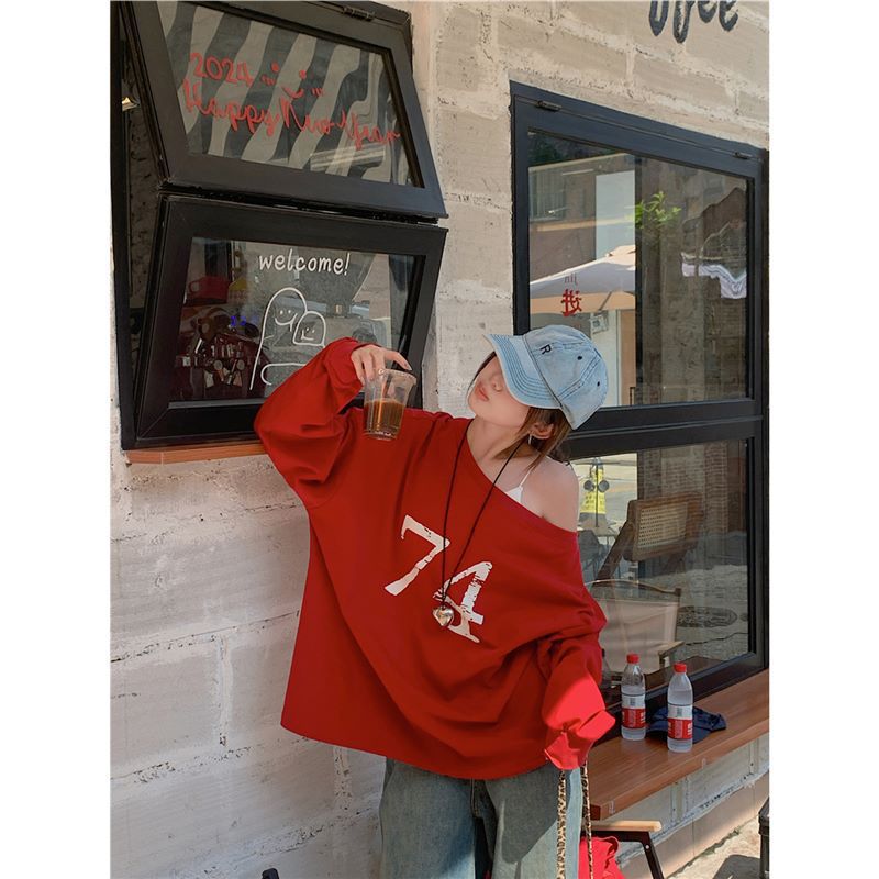American Style Retro Red Letter Printed Sweatshirt Womens Early Autumn Casual Loose Shoulder Top Red - Image 1