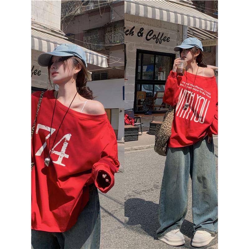 American Style Retro Red Letter Printed Sweatshirt Womens Early Autumn Casual Loose Shoulder Top Red - Image 5