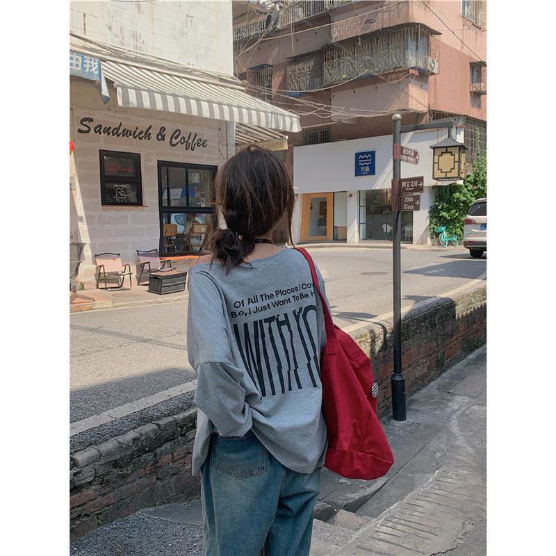 American Style Retro Red Letter Printed Sweatshirt Womens Early Autumn Casual Loose Shoulder Top Red - Image 2