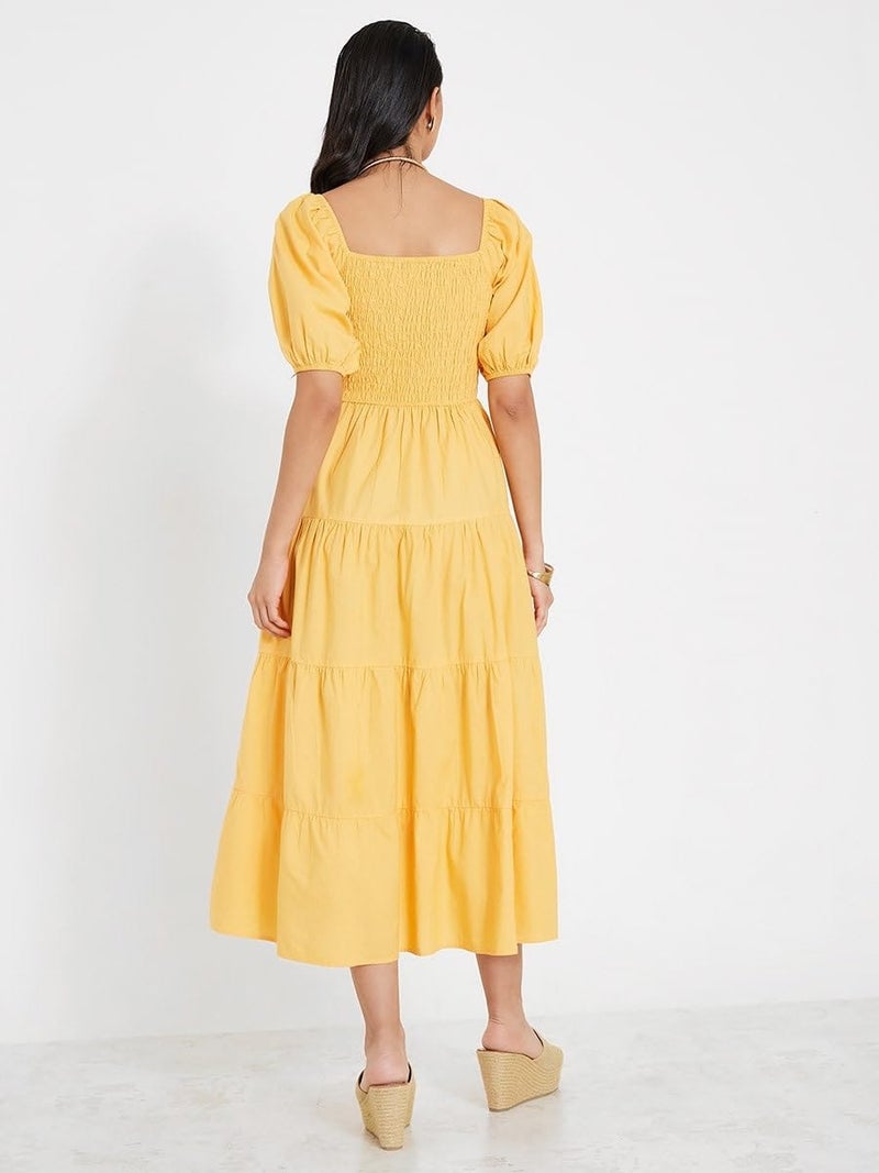 Styli Women's Yellow Cotton Half Volume Sleeves Square Neck Cotton Tiered Midi Dress - Image 2