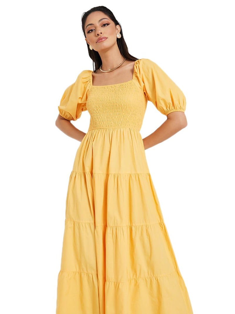 Styli Women's Yellow Cotton Half Volume Sleeves Square Neck Cotton Tiered Midi Dress - Image 5