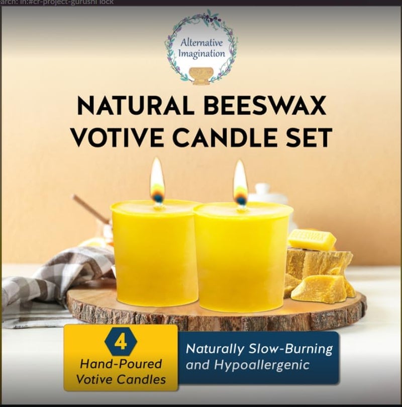 Alternative Imagination 100% Pure Natural Beeswax Votive Candles - 4 Pack - Hand-Poured - Unscented- Light Honey Aroma - 15 Hour Burn - Paraffin-Free, Long Lasting for Prayer, Meditation & Home Decor - Image 2