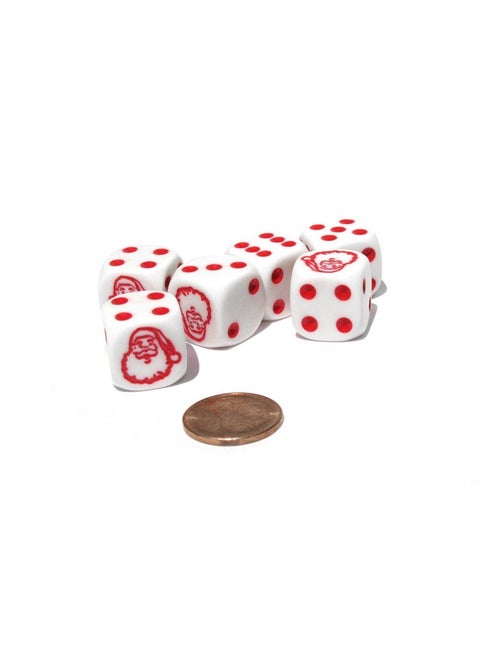 Koplow Games Set of 6 Santa Claus 16mm D6 Round Edge Christmas Dice - White with Red Pips