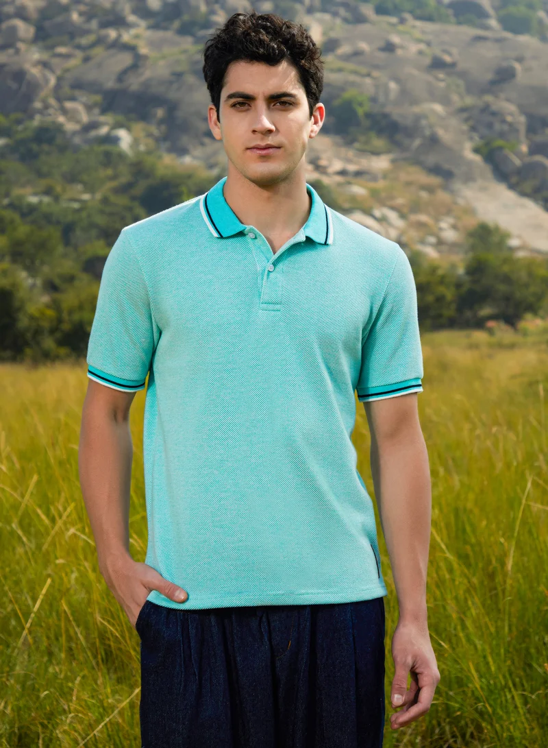 كامبوس سوترا تيشيرت بولو رجالي محبوك بخطوط مائية زرقاء