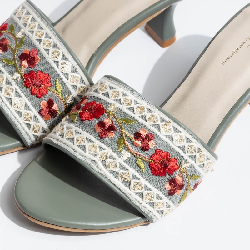 Crystalicious Erica Handcrafted Embroidered Ribbon Slip-On Sandals with Kitten Heels for Work And Party, Wedding - Image 2