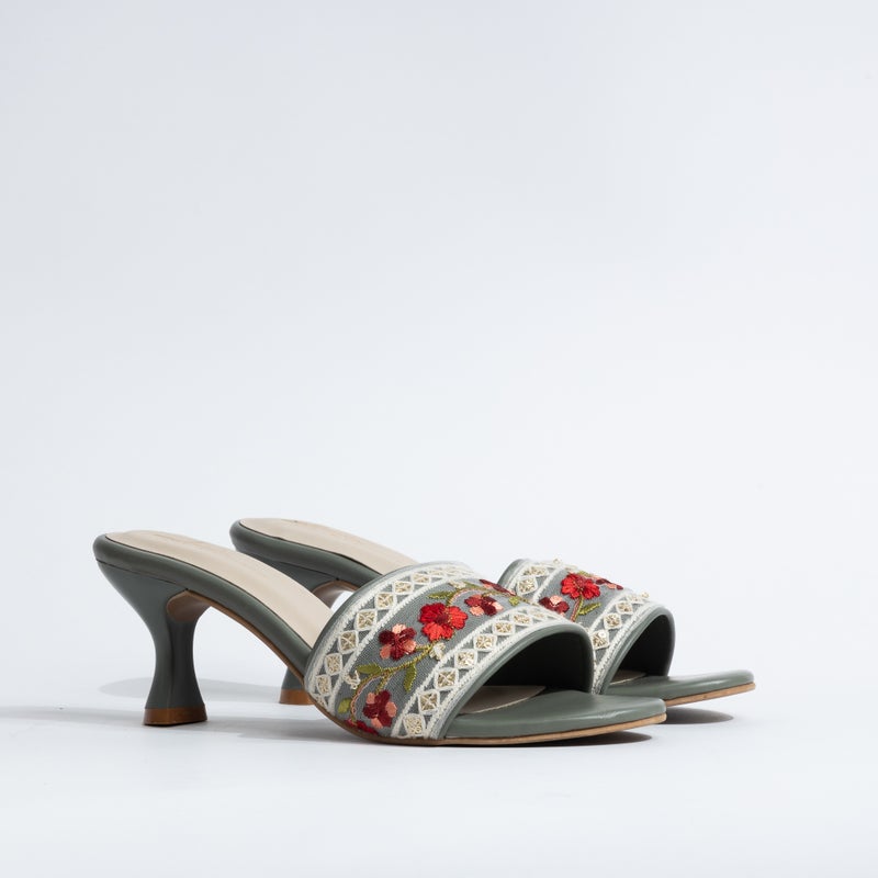 Crystalicious Erica Handcrafted Embroidered Ribbon Slip-On Sandals with Kitten Heels for Work And Party, Wedding - Image 1