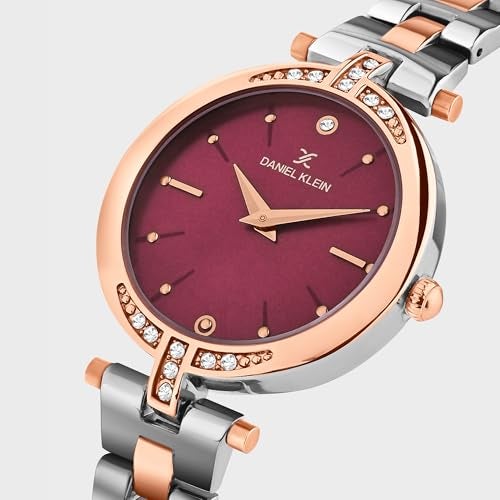 Daniel Klein Analog Maroon Round Dial Two Tone Silver Rose Gold Metal Strap Stone-Studded Water-Resistant Wrist Watch for Women Girls, Ladies DK.1.12320-10 - Image 3