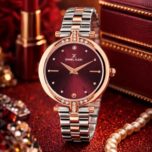 Daniel Klein Analog Maroon Round Dial Two Tone Silver Rose Gold Metal Strap Stone-Studded Water-Resistant Wrist Watch for Women Girls, Ladies DK.1.12320-10 - Image 2