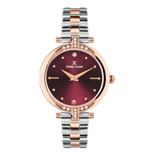 Daniel Klein Analog Maroon Round Dial Two Tone Silver Rose Gold Metal Strap Stone-Studded Water-Resistant Wrist Watch for Women Girls, Ladies DK.1.12320-10 - Image 1