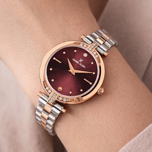 Daniel Klein Analog Maroon Round Dial Two Tone Silver Rose Gold Metal Strap Stone-Studded Water-Resistant Wrist Watch for Women Girls, Ladies DK.1.12320-10 - Image 4