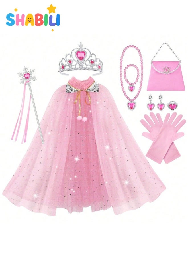 شبيلي مجموعة تنكر أميرة للبنات ١١ قطعة مع عباءة وتاج وعصا ومجوهرات وقفازات وخاتم وحقيبة، ملابس لعب أدوار وتنكر، هدية عيد ميلاد لعمر ٣–٧ سنوات وتناسب طول ٩٠–١٢٠ سم (وردي) - Image 1