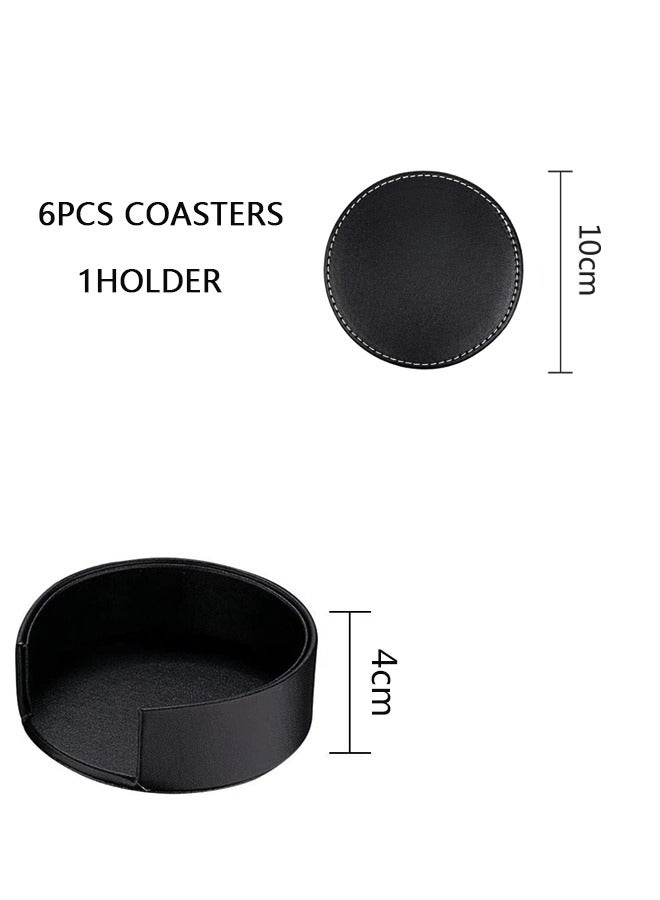 GUSGU Premium PU Leather Drink Coasters 6 PCS with Holder 9.6cm Anti-Slip Heat Insulation Coasters for Table Protection Home Office Everyday Use - Image 2