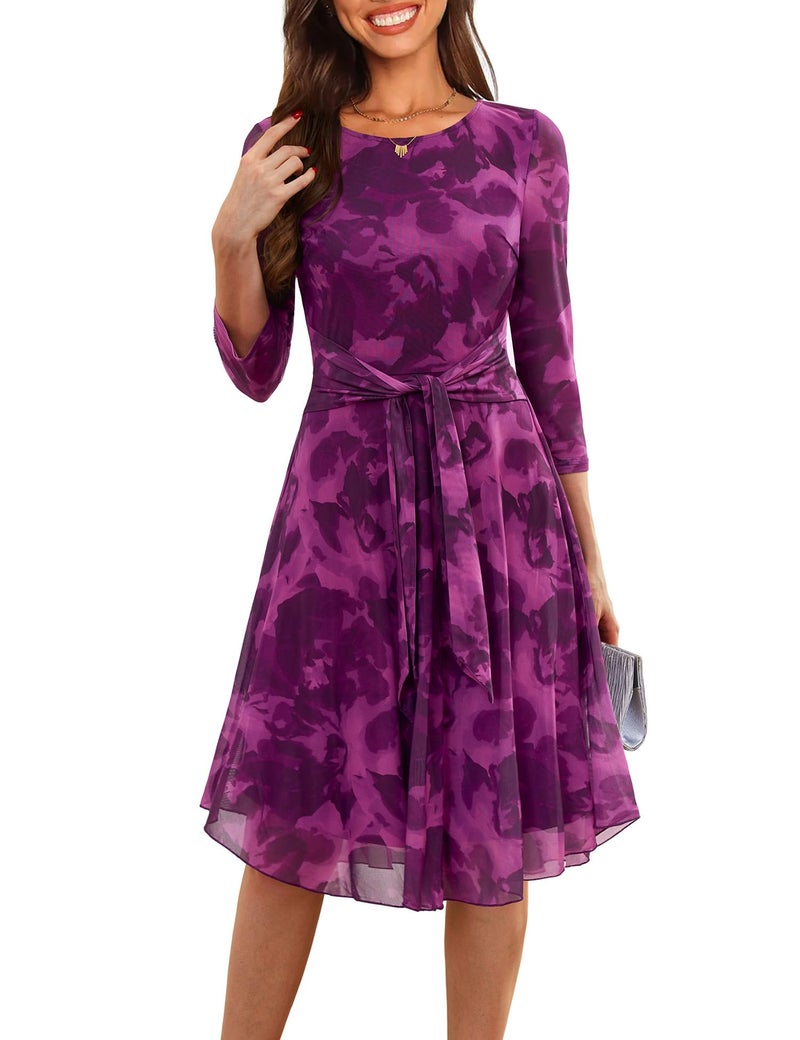 Zattcas Spring Fall Midi Dresses for Women 2026 Wedding Guest Trendy Floral Long 3/4 Sleeve Petite A Line Flowy Mesh Flower Tea Party Cocktail HOCO Homecoming Dresses Purple M - Image 1