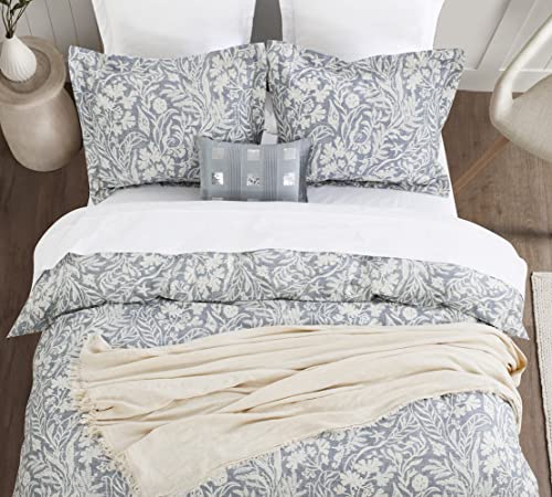 DAUAOTO Duvet Cover California King Size Set - 104"X96" Cover + 2 Shams, Cotton Bedding Set Blue Gray Botanic Pattern - Image 4