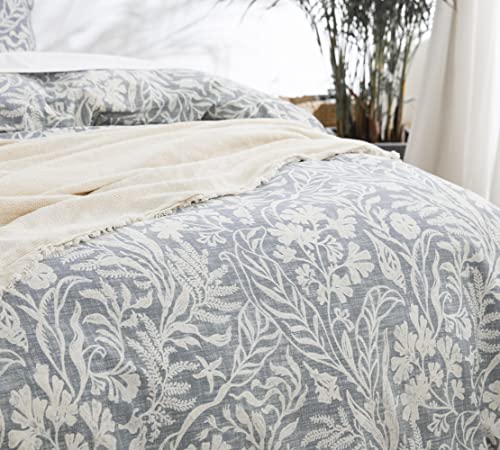DAUAOTO Duvet Cover California King Size Set - 104"X96" Cover + 2 Shams, Cotton Bedding Set Blue Gray Botanic Pattern - Image 3