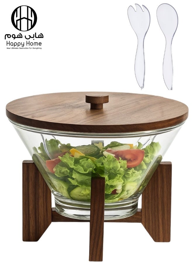 هابي هوم مجموعة أوعية سلطة من الأكريليك مع قاعدة وغطاء من خشب الأكاسيا – تشمل ملعقة وشوكة تقديم من الأكريليك – طقم سلطة أنيق مقاوم للكسر مثالي للمنزل والمطبخ والحفلات - Image 1