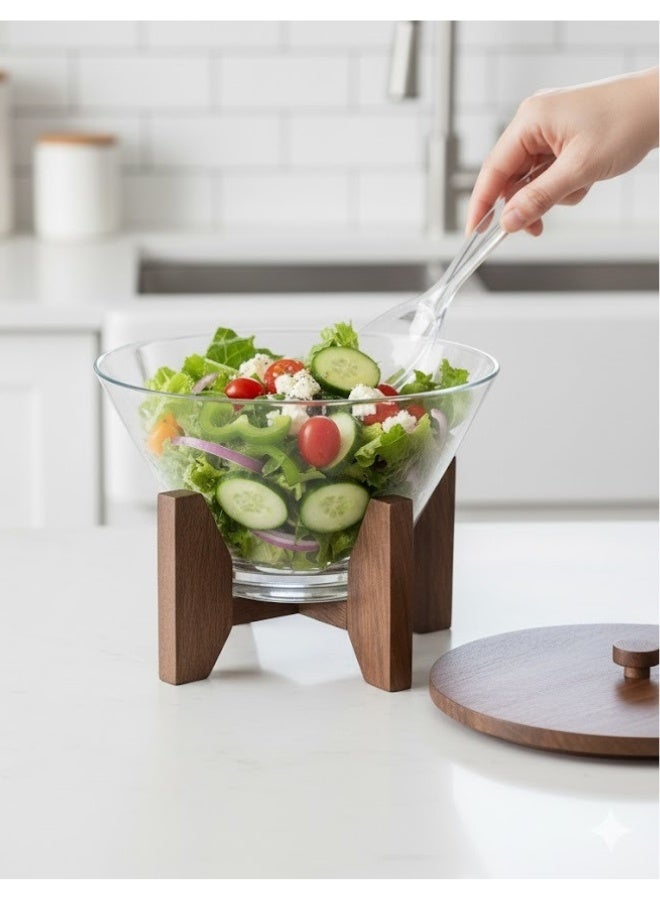 هابي هوم مجموعة أوعية سلطة من الأكريليك مع قاعدة وغطاء من خشب الأكاسيا – تشمل ملعقة وشوكة تقديم من الأكريليك – طقم سلطة أنيق مقاوم للكسر مثالي للمنزل والمطبخ والحفلات - Image 2