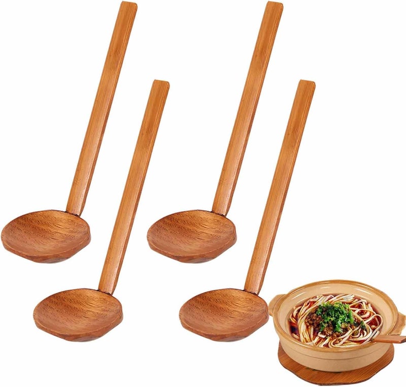 SYOSI 4 PCS Japanese Soup Spoon, Wooden Ramen Spoons with Long Handle, Tortoise Pot Scoop, High Temperature Cooking Scoop, Kitchen Utensil for Porridge Restaurant, Household,Eating Mixing Stirring Cooking - Image 1