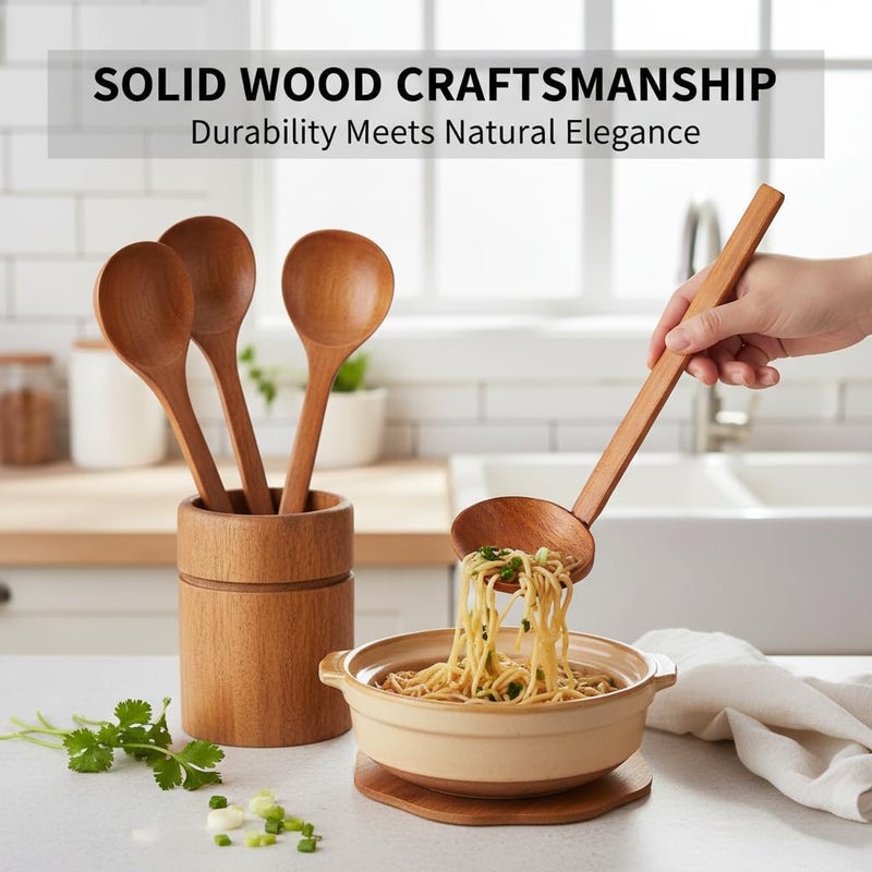 SYOSI 4 PCS Japanese Soup Spoon, Wooden Ramen Spoons with Long Handle, Tortoise Pot Scoop, High Temperature Cooking Scoop, Kitchen Utensil for Porridge Restaurant, Household,Eating Mixing Stirring Cooking - Image 3