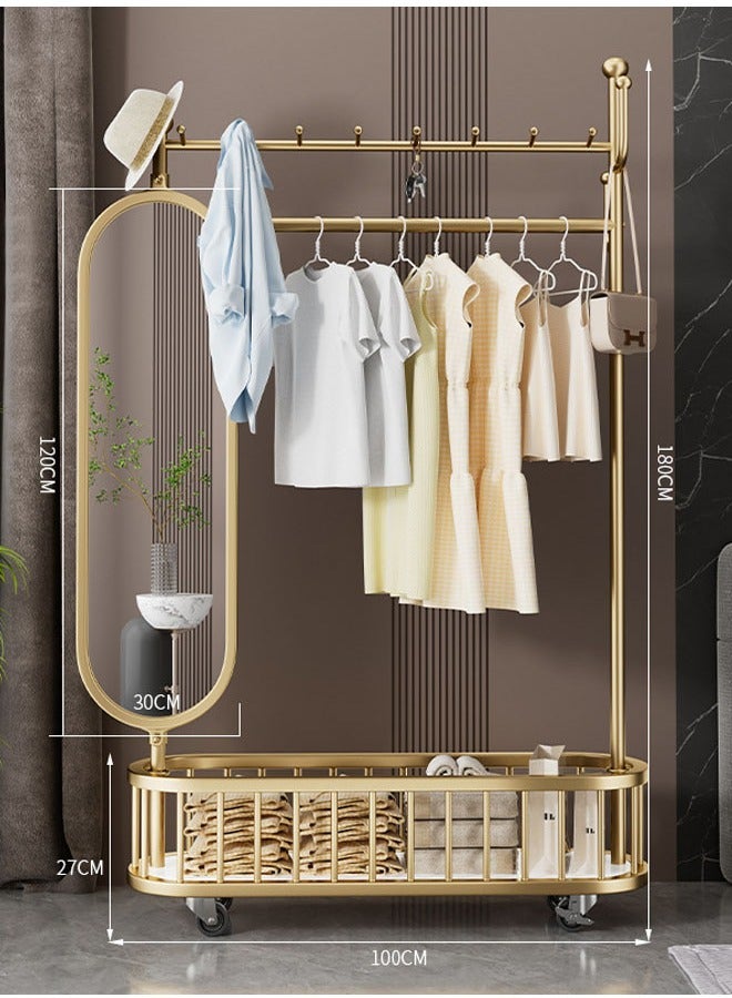 NKX Thickened Large Light Luxury Gold Coat Rack 100cm [Rotating Mirror, 4-Hook Storage Basket, Universal Wheels] - Image 2