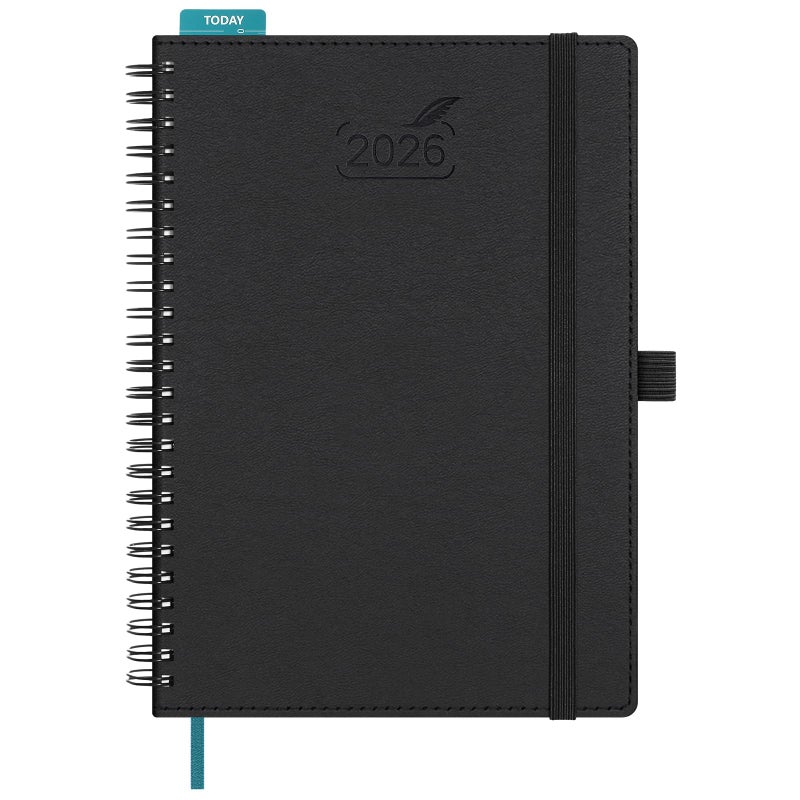 BEZEND 2026 Planner Weekly and Monthly (6" x 8.5" Spiral) Daily Calendar with Hourly Timeslots & Tabs (Jan-Dec) Note & Expenses, Pen Holder, Inner Pocket, Vegan Leather Softcover - Black - Image 1