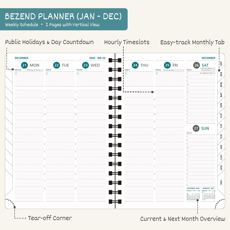 BEZEND 2026 Planner Weekly and Monthly (6" x 8.5" Spiral) Daily Calendar with Hourly Timeslots & Tabs (Jan-Dec) Note & Expenses, Pen Holder, Inner Pocket, Vegan Leather Softcover - Black - Image 3