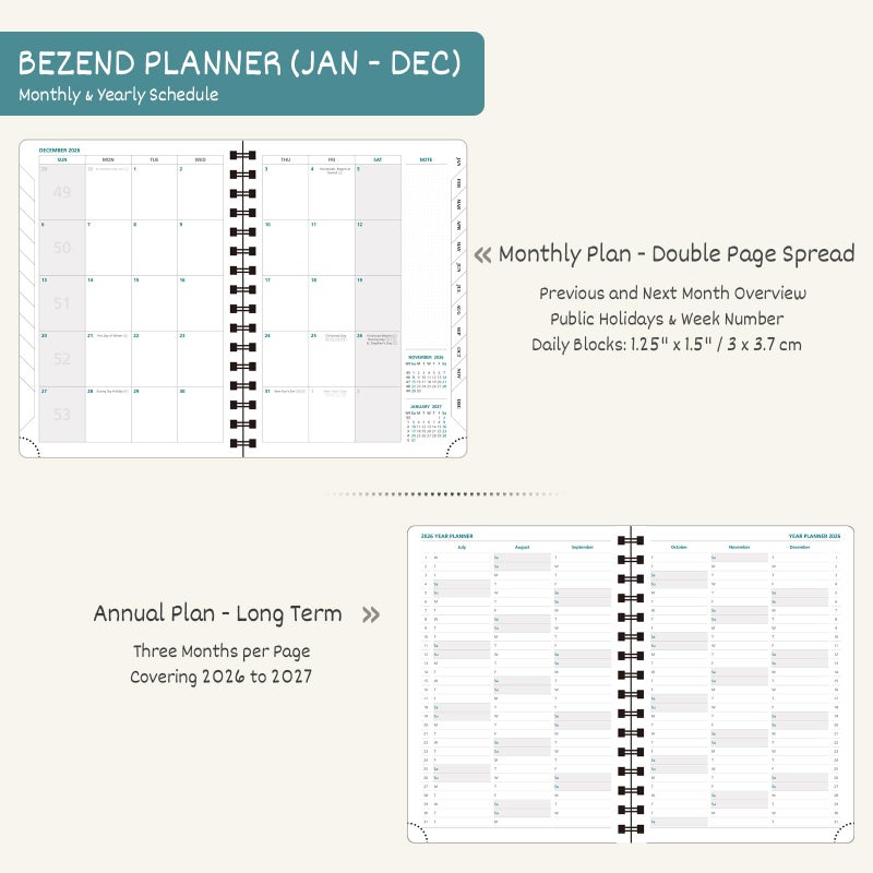 BEZEND 2026 Planner Weekly and Monthly (6" x 8.5" Spiral) Daily Calendar with Hourly Timeslots & Tabs (Jan-Dec) Note & Expenses, Pen Holder, Inner Pocket, Vegan Leather Softcover - Black - Image 4
