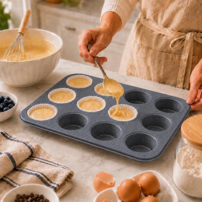 Cake Molds Non Stick Reusable Muffin Cupcake Baking Pan of 12 Cup, Non-Stick Round Cupcake and Cheesecake Pan, Essential Cooking Tool for Perfect Muffins Every Time (Grey) - Image 5