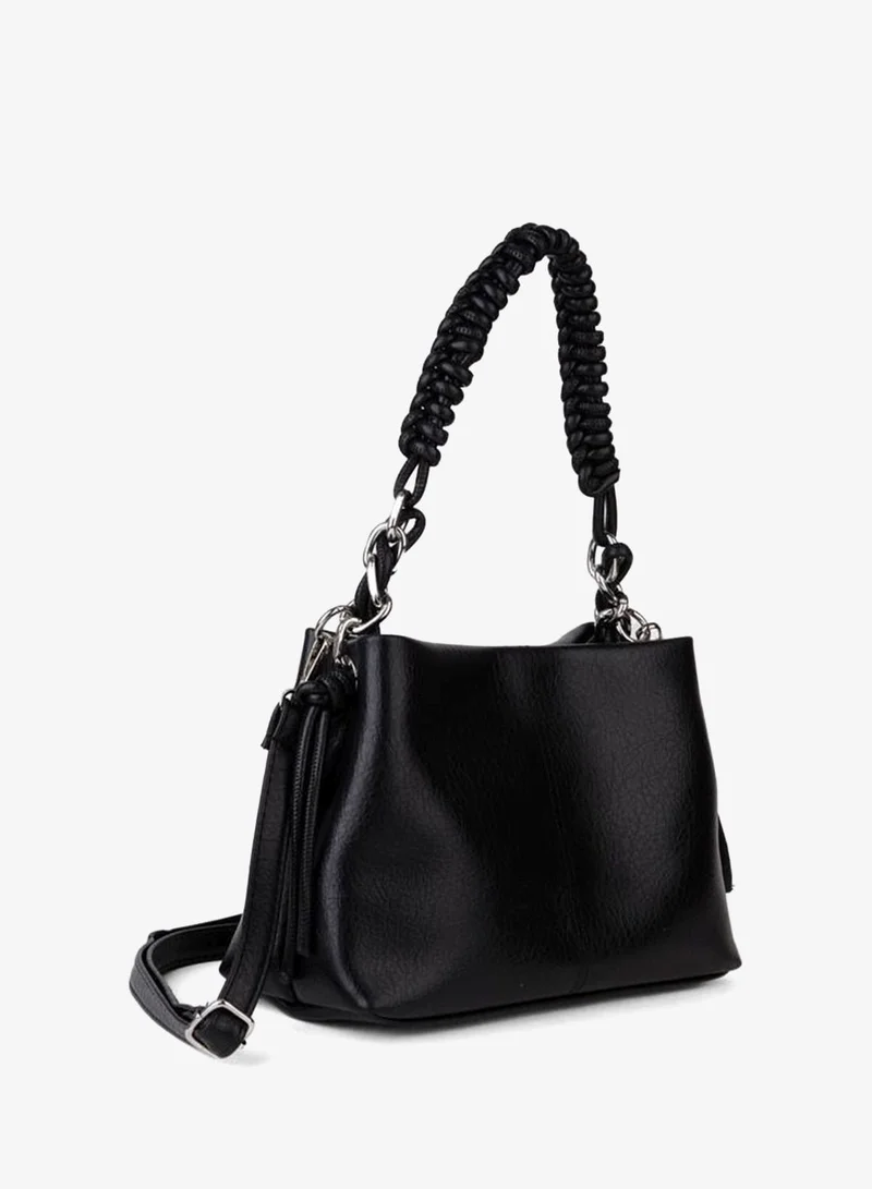 Women's Black Synthetic Leather Woven Strap Lined Zipper Closure Hand, Arm, and Shoulder Bag.