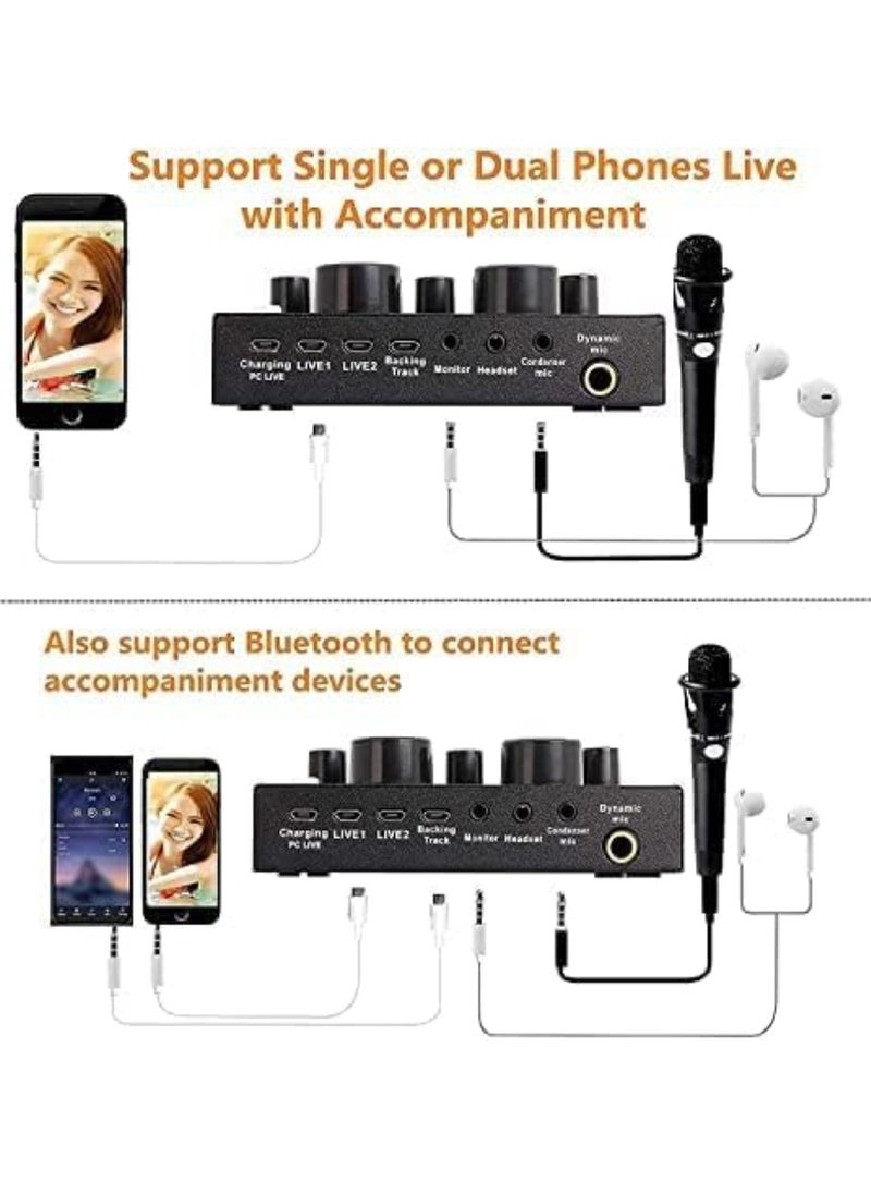 Festive Gallery Professional Condenser Microphone and V8S Live Sound Card Bluetooth Sound Mixer Board 3.5mm Audio Interface Live Sound Card with 16 Sound Effects 6 Connecting Methods Dual DSP Noise Reduction Chip For Live Streaming Recording Game PC, Voice Changer - Audio Interface -Perfect for Recording, Singing, Streaming and Gaming (V8S-Black)  - Image 3