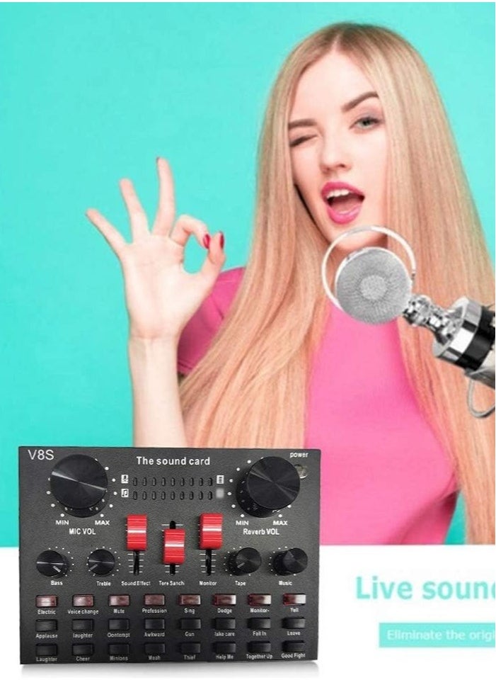 Festive Gallery Professional Condenser Microphone and V8S Live Sound Card Bluetooth Sound Mixer Board 3.5mm Audio Interface Live Sound Card with 16 Sound Effects 6 Connecting Methods Dual DSP Noise Reduction Chip For Live Streaming Recording Game PC, Voice Changer - Audio Interface -Perfect for Recording, Singing, Streaming and Gaming (V8S-Black)  - Image 5