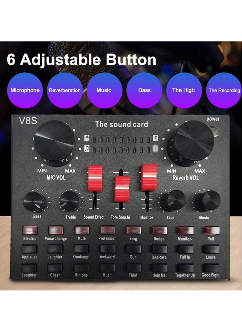 Festive Gallery - Professional Condenser Microphone and V8S Live Sound Card Bluetooth Sound Mixer Board 3.5mm Audio Interface Live Sound Card with 16 Sound Effects 6 Connecting Methods Dual DSP Noise Reduction Chip For Live Streaming Recording Game PC, Voice Changer - Audio Interface -Perfect for Recording, Singing, Streaming and Gaming (V8S-Black) - Image 1
