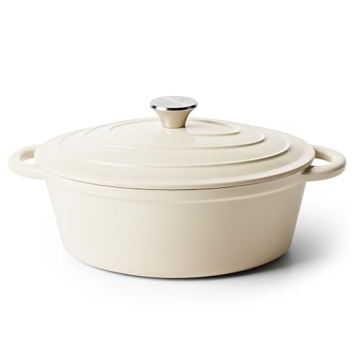 Kerilyn Oval Dutch Oven for Bread Baking, 4.5 Quart Non Stick Enameled Cast Iron Dutch Oven Pot with Lid, Oven Safe Oval Casserole with Lid up to 500°F for Baking, Braising, Stews, Roasting (Beige) - Image 1