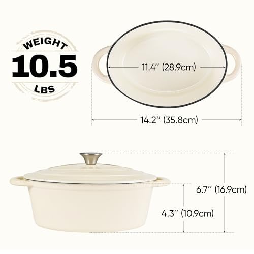 Kerilyn Oval Dutch Oven for Bread Baking, 4.5 Quart Non Stick Enameled Cast Iron Dutch Oven Pot with Lid, Oven Safe Oval Casserole with Lid up to 500°F for Baking, Braising, Stews, Roasting (Beige) - Image 3