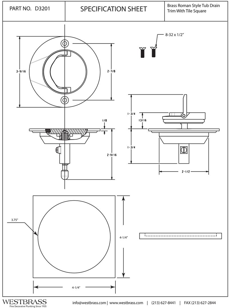Westbrass D3201-07 Roman Tub Drain Trim with 4-1/4" OD Tile Square, Satin Nickel - Image 2