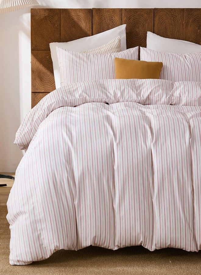 Merryword 100% Cotton Duvet Cover Set Queen Size - White & Pink Stripes Duvet Cover with Pillowcases, Soft Breathable Bedding Set Modern Minimalist Pinstripe Comforter Cover for All Seasons - Image 1