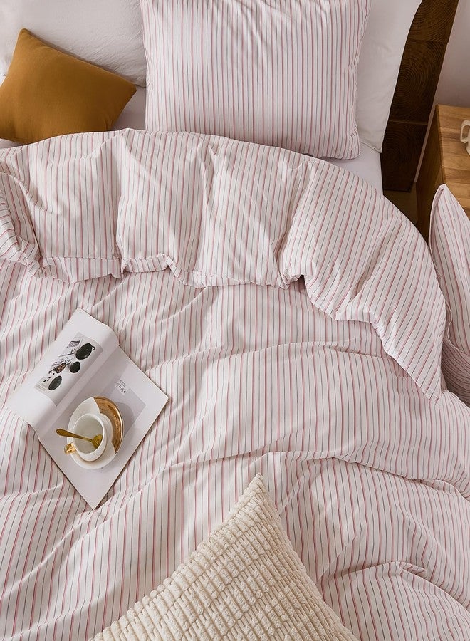 Merryword 100% Cotton Duvet Cover Set Queen Size - White & Pink Stripes Duvet Cover with Pillowcases, Soft Breathable Bedding Set Modern Minimalist Pinstripe Comforter Cover for All Seasons - Image 3