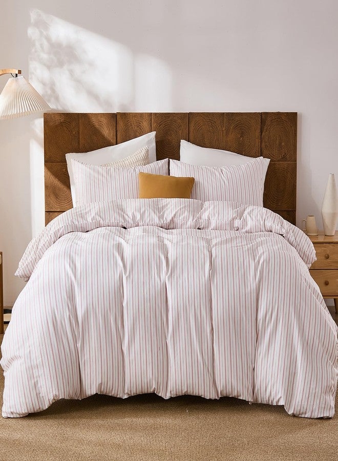 Merryword 100% Cotton Duvet Cover Set Queen Size - White & Pink Stripes Duvet Cover with Pillowcases, Soft Breathable Bedding Set Modern Minimalist Pinstripe Comforter Cover for All Seasons - Image 2